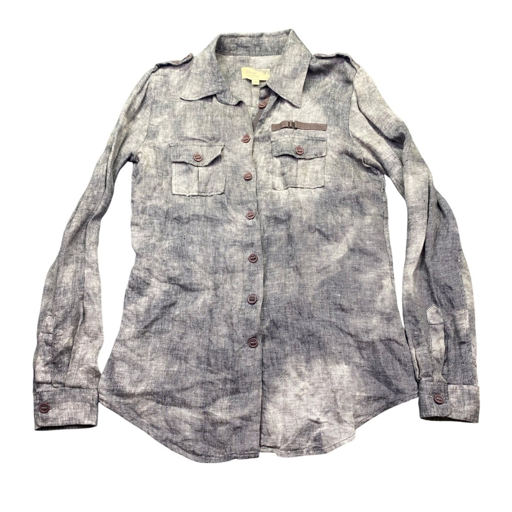 Elizabeth and James Womens Small Linen Button Up Shirt Acid Wash Grey Utility